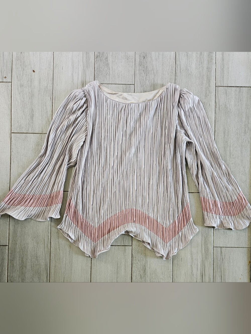 Vintage Cream Pleated Blousr with Pink Chevron Trim